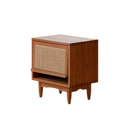 Contemporary Retro Square Cube Flip Door Solid Wood Pine Cherry Wood Nightstand 2 - Tier For Bedroom