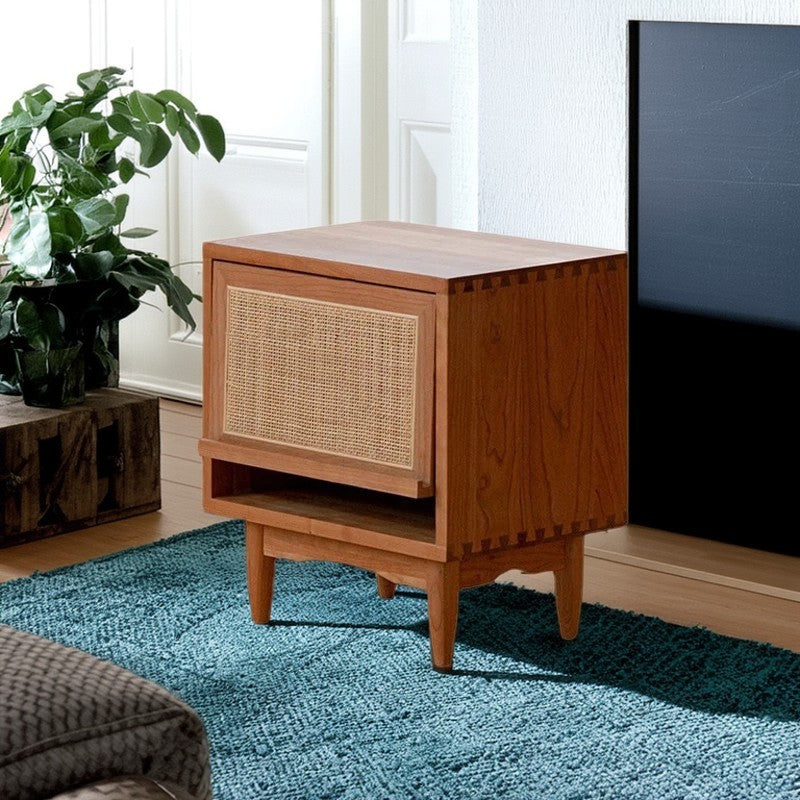 Contemporary Retro Square Cube Flip Door Solid Wood Pine Cherry Wood Nightstand 2 - Tier For Bedroom
