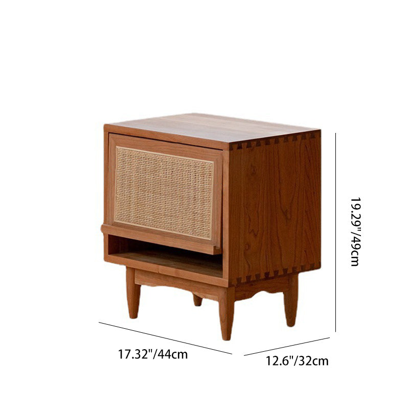 Contemporary Retro Square Cube Flip Door Solid Wood Pine Cherry Wood Nightstand 2 - Tier For Bedroom