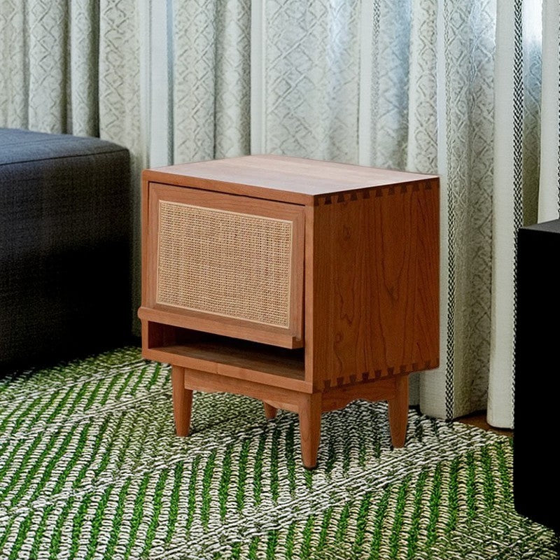 Contemporary Retro Square Cube Flip Door Solid Wood Pine Cherry Wood Nightstand 2 - Tier For Bedroom