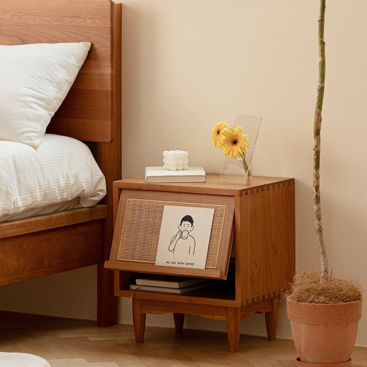 Contemporary Retro Square Cube Flip Door Solid Wood Pine Cherry Wood Nightstand 2 - Tier For Bedroom