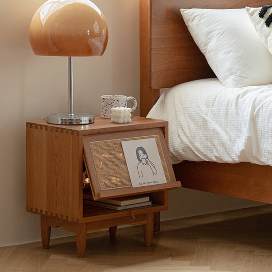 Contemporary Retro Square Cube Flip Door Solid Wood Pine Cherry Wood Nightstand 2 - Tier For Bedroom