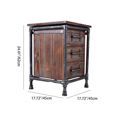 Contemporary Industrial Square Cube Iron Solid Wood Nightstand 3 - Drawer For Bedroom