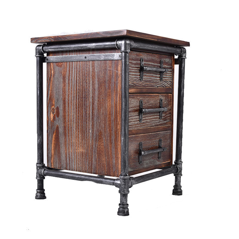 Contemporary Industrial Square Cube Iron Solid Wood Nightstand 3 - Drawer For Bedroom