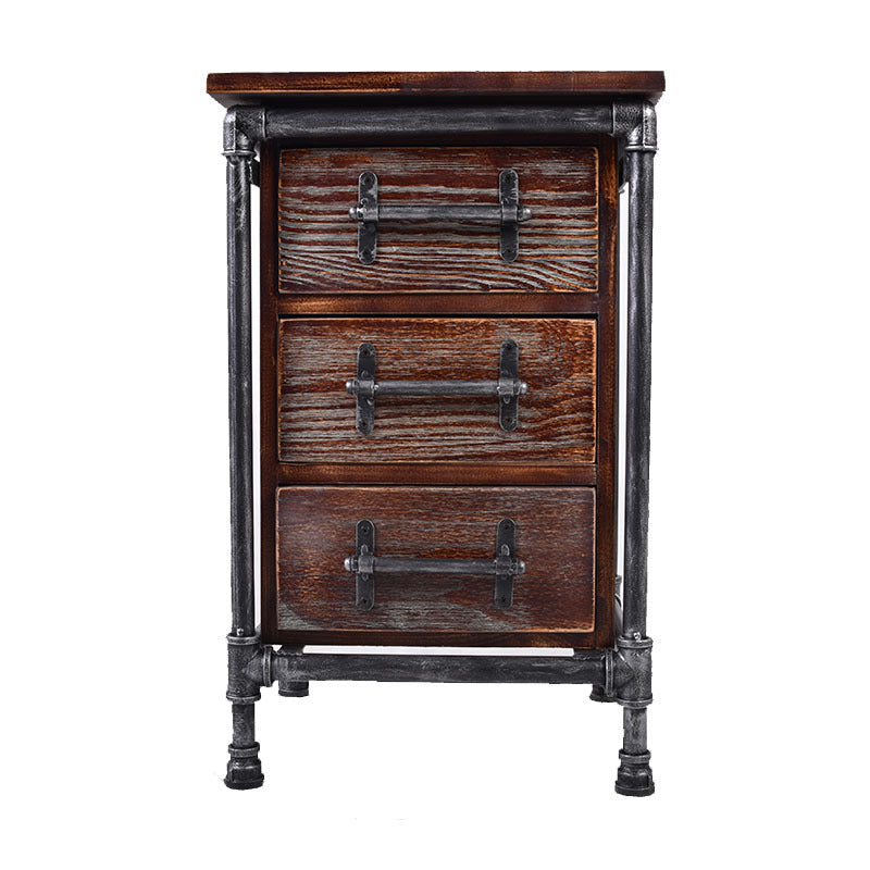Contemporary Industrial Square Cube Iron Solid Wood Nightstand 3 - Drawer For Bedroom
