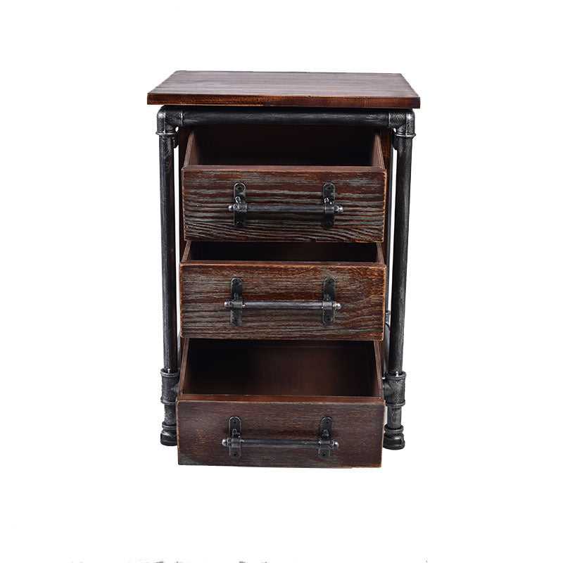 Contemporary Industrial Square Cube Iron Solid Wood Nightstand 3 - Drawer For Bedroom