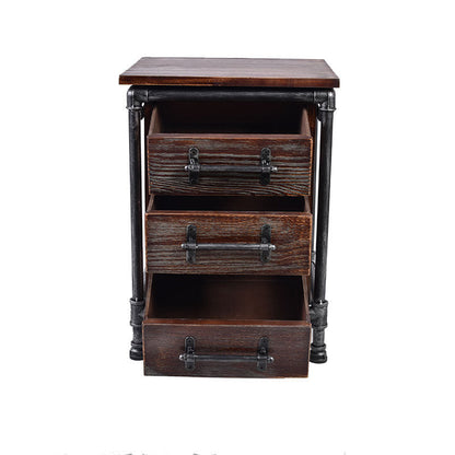 Contemporary Industrial Square Cube Iron Solid Wood Nightstand 3 - Drawer For Bedroom