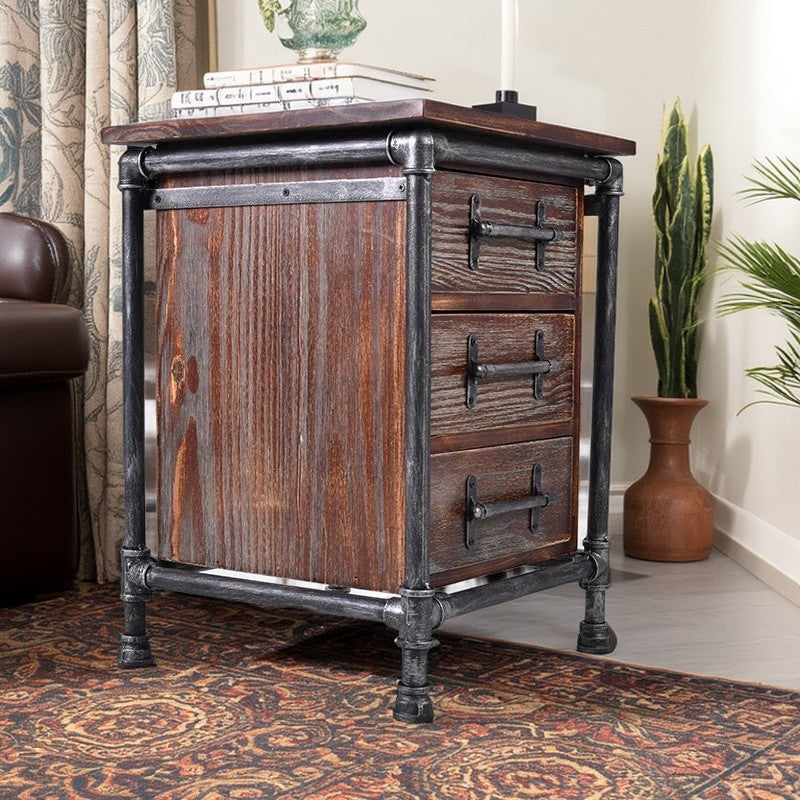 Contemporary Industrial Square Cube Iron Solid Wood Nightstand 3 - Drawer For Bedroom