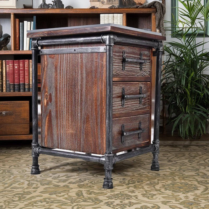 Contemporary Industrial Square Cube Iron Solid Wood Nightstand 3 - Drawer For Bedroom