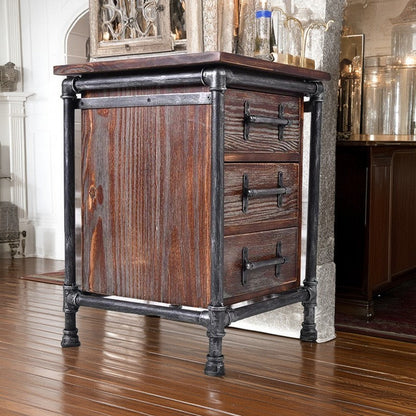 Contemporary Industrial Square Cube Iron Solid Wood Nightstand 3 - Drawer For Bedroom