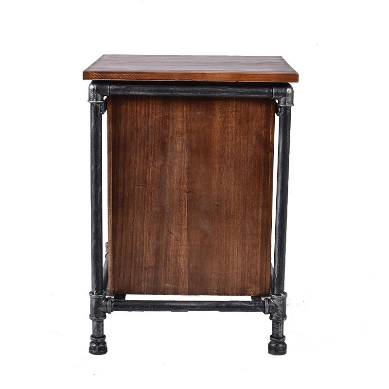 Contemporary Industrial Square Cube Iron Solid Wood Nightstand 3 - Drawer For Bedroom
