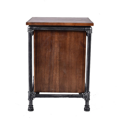 Contemporary Industrial Square Cube Iron Solid Wood Nightstand 3 - Drawer For Bedroom