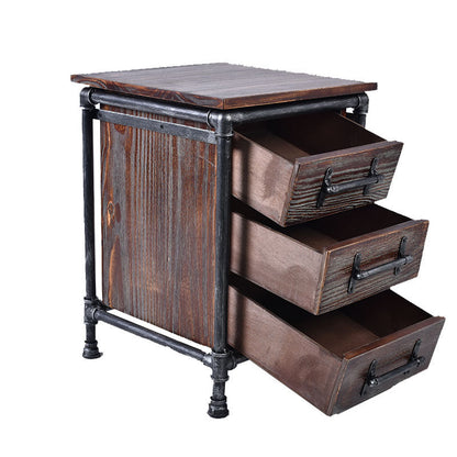 Contemporary Industrial Square Cube Iron Solid Wood Nightstand 3 - Drawer For Bedroom