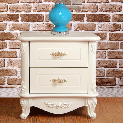 Traditional European Square Cube Carving Artificial Board PE Solid Wood Nightstand 2 - Drawer For Bedroom