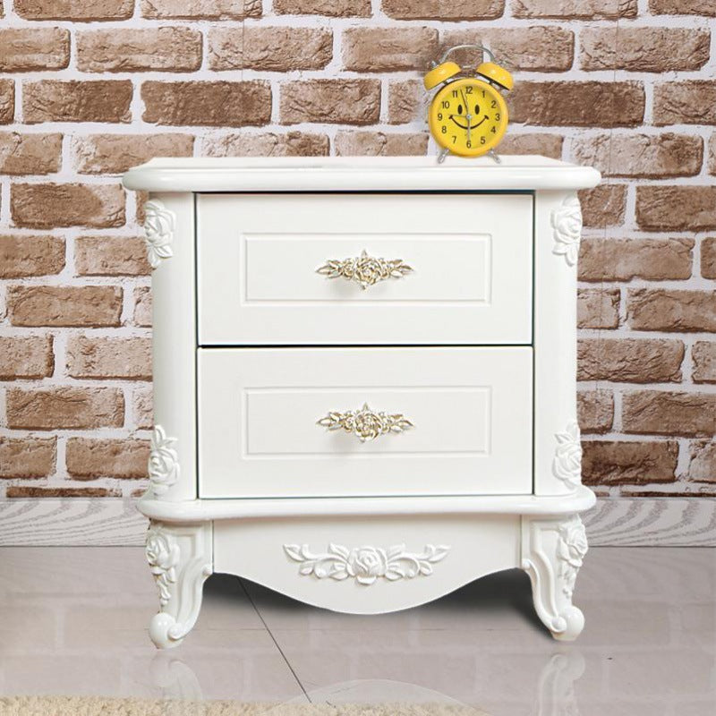 Traditional European Square Cube Carving Artificial Board PE Solid Wood Nightstand 2 - Drawer For Bedroom