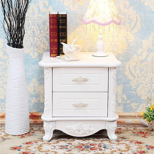Traditional European Square Cube Carving Artificial Board PE Solid Wood Nightstand 2 - Drawer For Bedroom