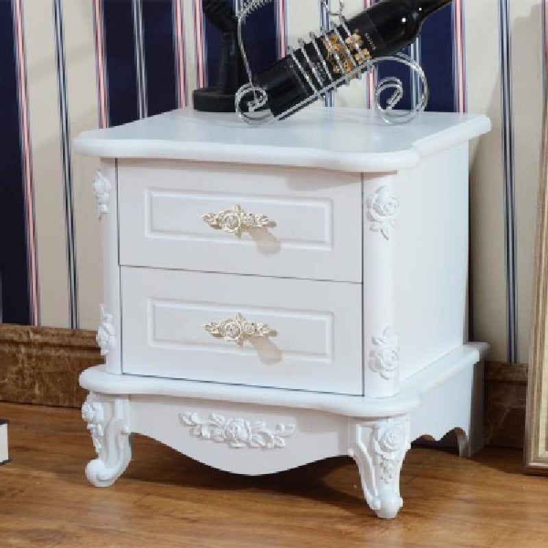 Traditional European Square Cube Carving Artificial Board PE Solid Wood Nightstand 2 - Drawer For Bedroom