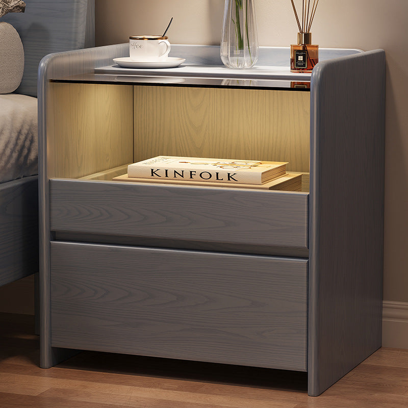Modern Minimalist Square Cube Glass Ash Solid Wood Nightstand 2 - Drawer For Bedroom