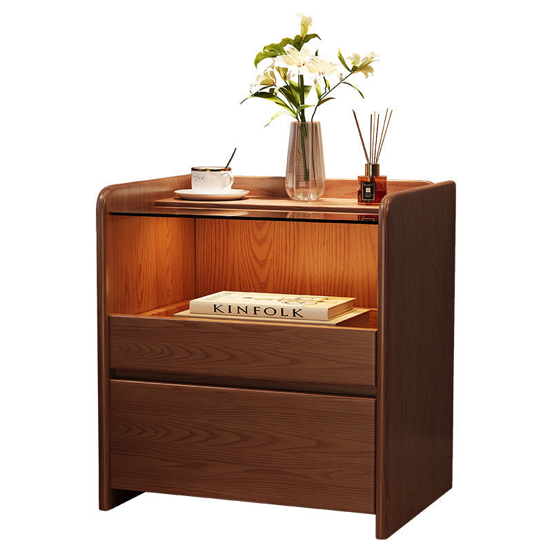Modern Minimalist Square Cube Glass Ash Solid Wood Nightstand 2 - Drawer For Bedroom