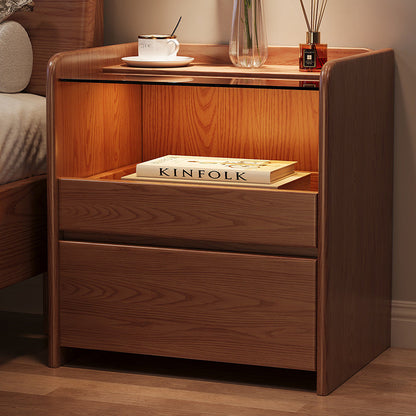 Modern Minimalist Square Cube Glass Ash Solid Wood Nightstand 2 - Drawer For Bedroom