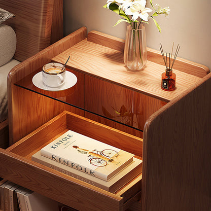 Modern Minimalist Square Cube Glass Ash Solid Wood Nightstand 2 - Drawer For Bedroom