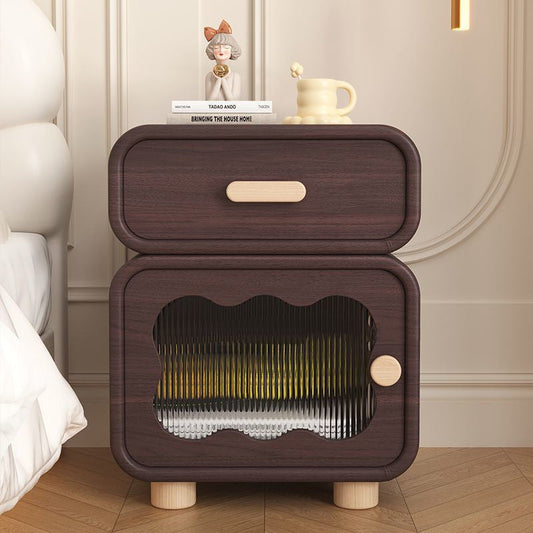Traditional Vintage Square Corrugated Solid Wood Microfiber Leather Glass Nightstand 1-Drawer For Bedroom