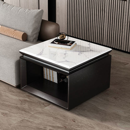 Modern Minimalist Square Marble Solid Wood Resin Stainless Steel End Table 2-Tier For Living Room