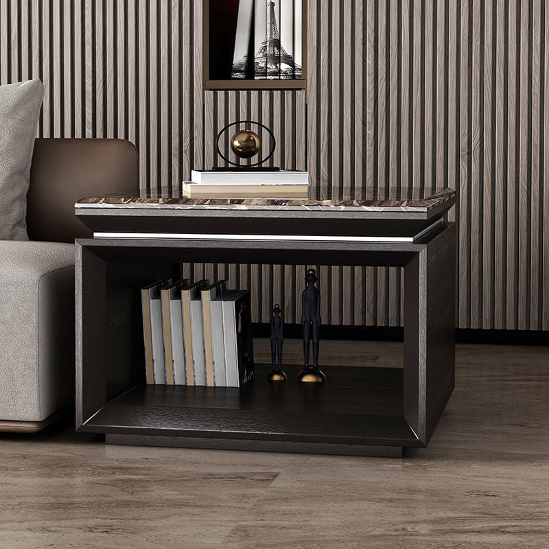 Modern Minimalist Square Marble Solid Wood Resin Stainless Steel End Table 2-Tier For Living Room