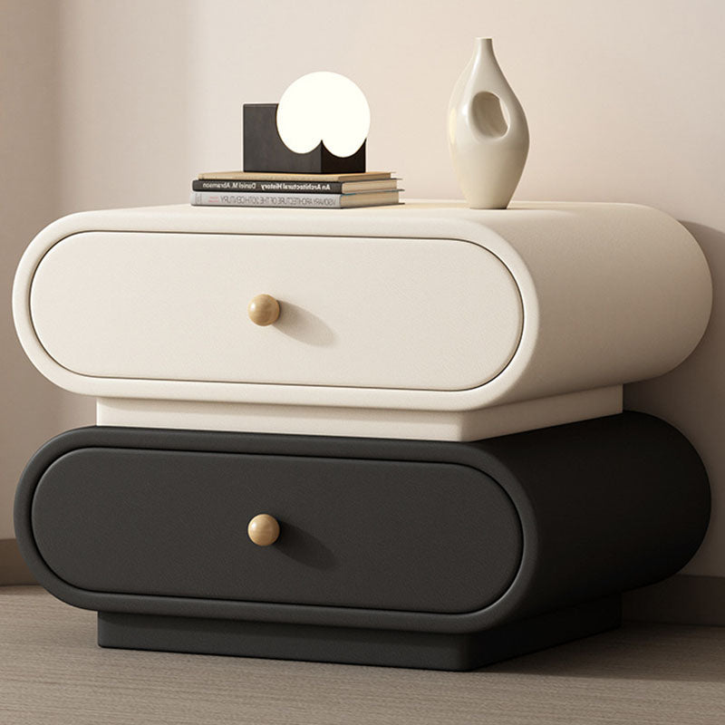 Contemporary Nordic Square Oval Solid Wood Faux Leather Nightstand 2-Drawer For Bedroom