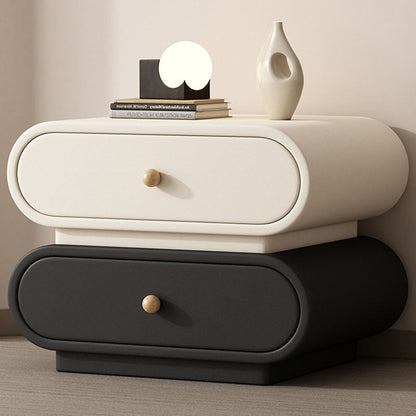 Contemporary Nordic Square Oval Solid Wood Faux Leather Nightstand 2-Drawer For Bedroom