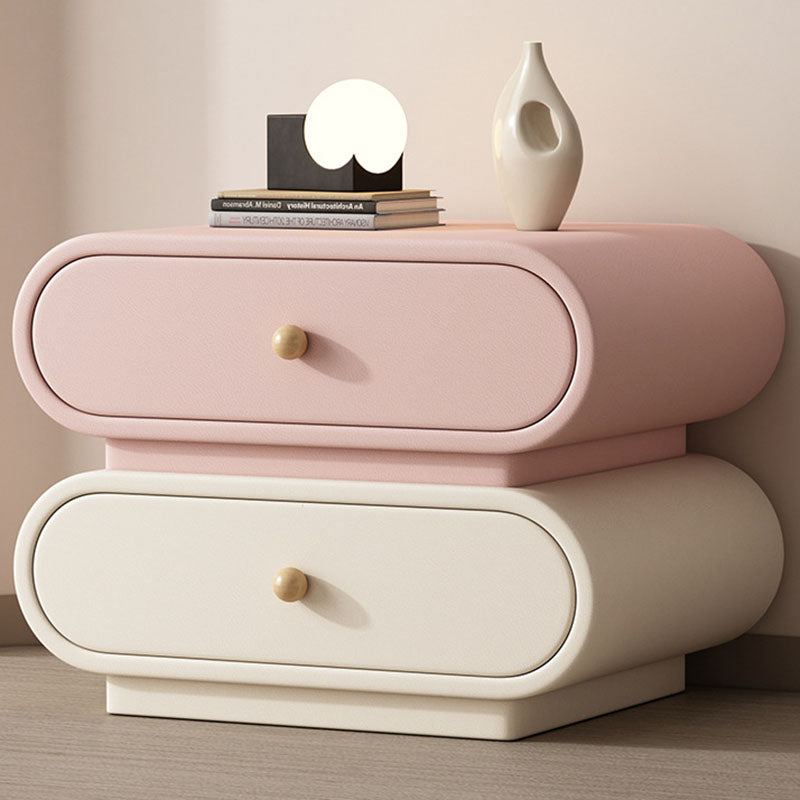 Contemporary Nordic Square Oval Solid Wood Faux Leather Nightstand 2-Drawer For Bedroom