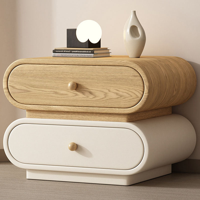 Contemporary Nordic Square Oval Solid Wood Faux Leather Nightstand 2-Drawer For Bedroom