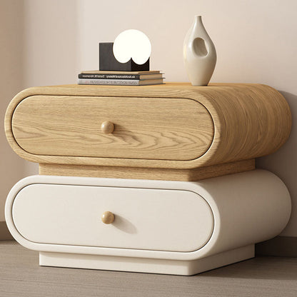 Contemporary Nordic Square Oval Solid Wood Faux Leather Nightstand 2-Drawer For Bedroom