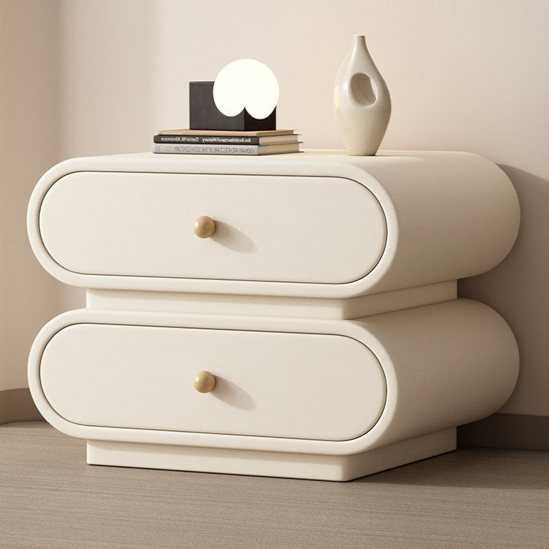 Contemporary Nordic Square Oval Solid Wood Faux Leather Nightstand 2-Drawer For Bedroom