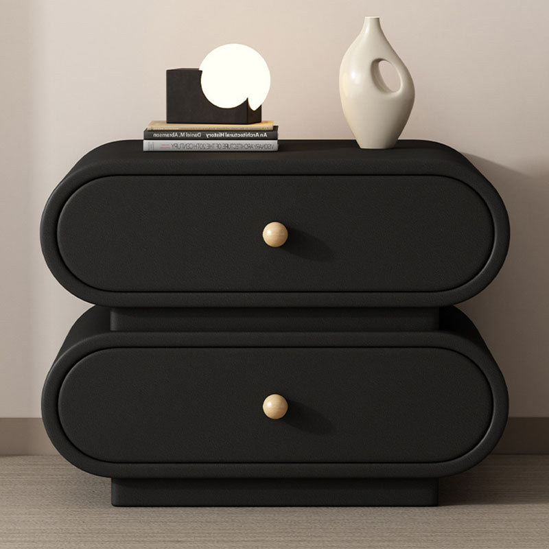 Contemporary Nordic Square Oval Solid Wood Faux Leather Nightstand 2-Drawer For Bedroom
