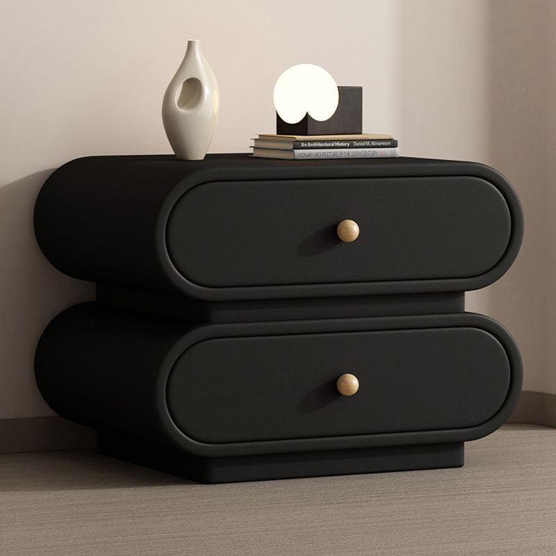Contemporary Nordic Square Oval Solid Wood Faux Leather Nightstand 2-Drawer For Bedroom