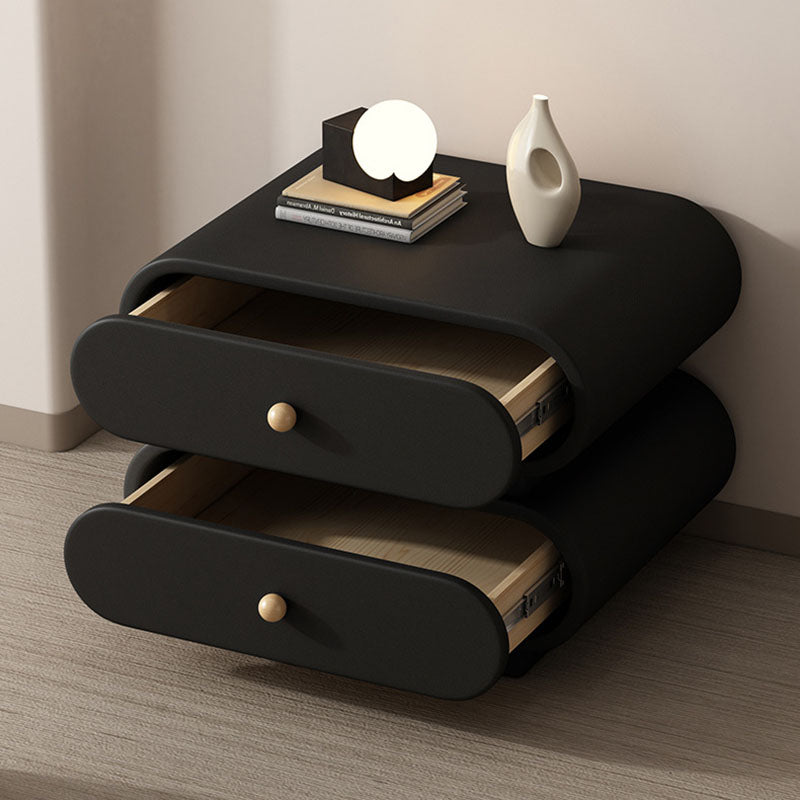 Contemporary Nordic Square Oval Solid Wood Faux Leather Nightstand 2-Drawer For Bedroom