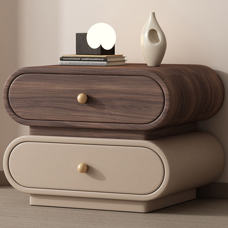 Contemporary Nordic Square Oval Solid Wood Faux Leather Nightstand 2-Drawer For Bedroom