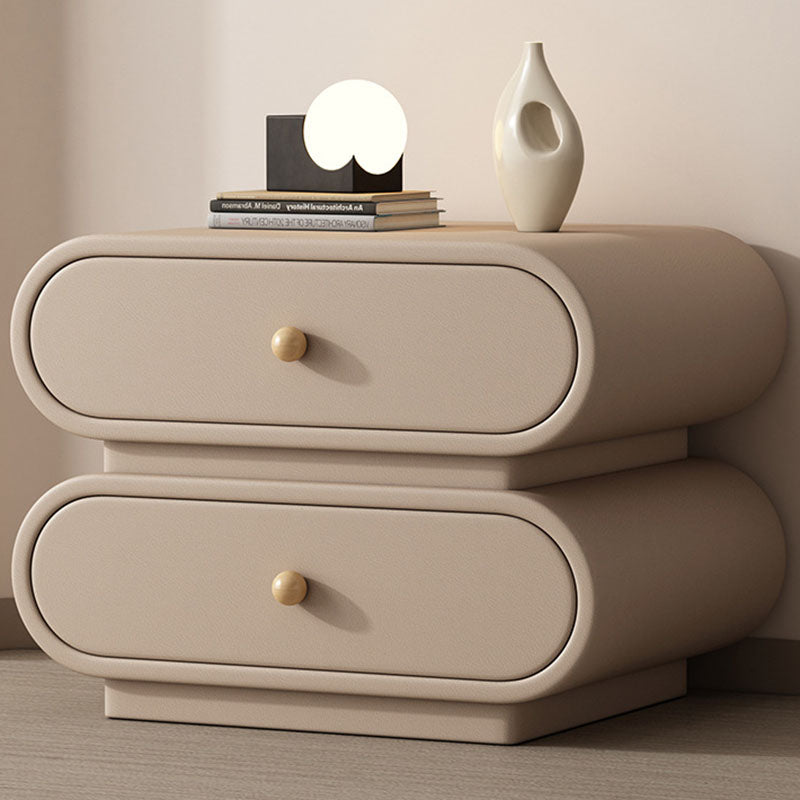 Contemporary Nordic Square Oval Solid Wood Faux Leather Nightstand 2-Drawer For Bedroom