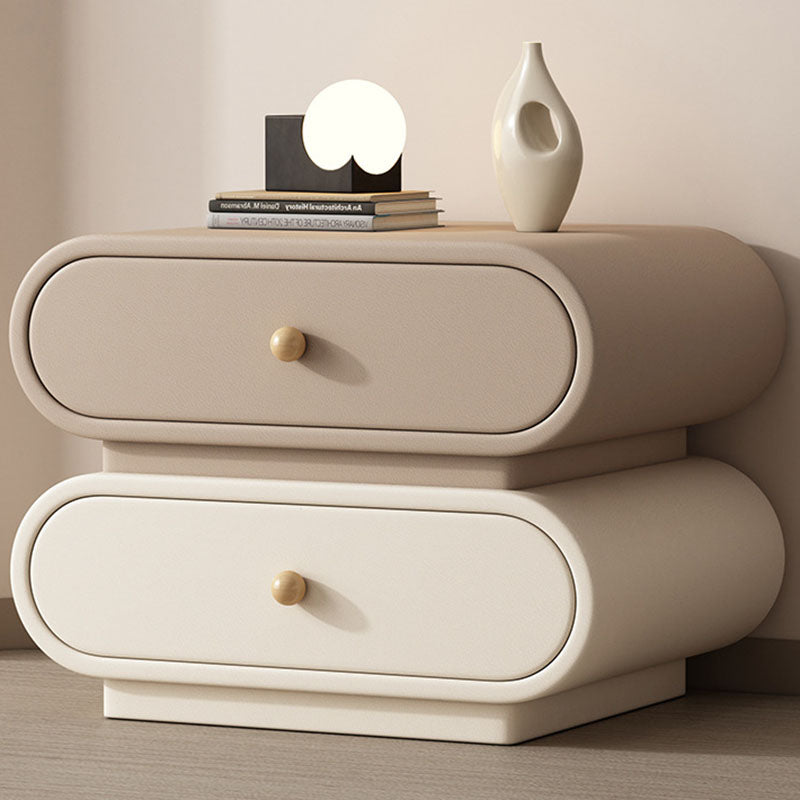 Contemporary Nordic Square Oval Solid Wood Faux Leather Nightstand 2-Drawer For Bedroom