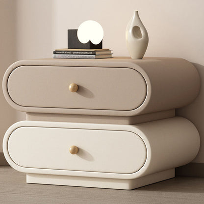 Contemporary Nordic Square Oval Solid Wood Faux Leather Nightstand 2-Drawer For Bedroom