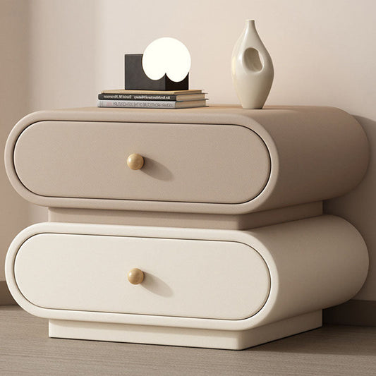 Contemporary Nordic Square Oval Solid Wood Faux Leather Nightstand 2-Drawer For Bedroom