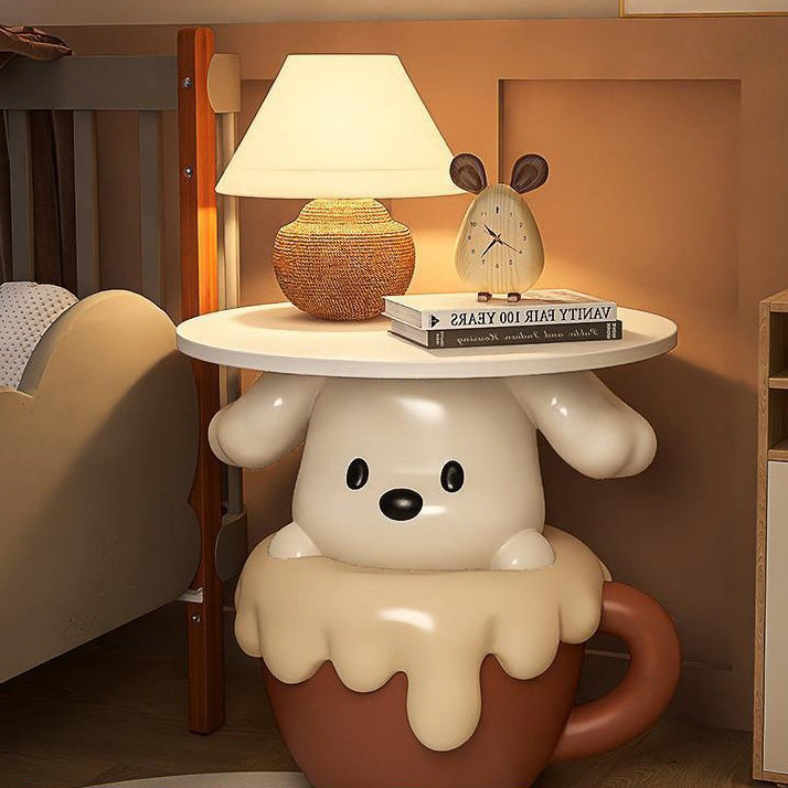 Contemporary Creative Kids Teacup Dog-Shaped Resin Solid Wood Side Table 1-Tray For Living Room