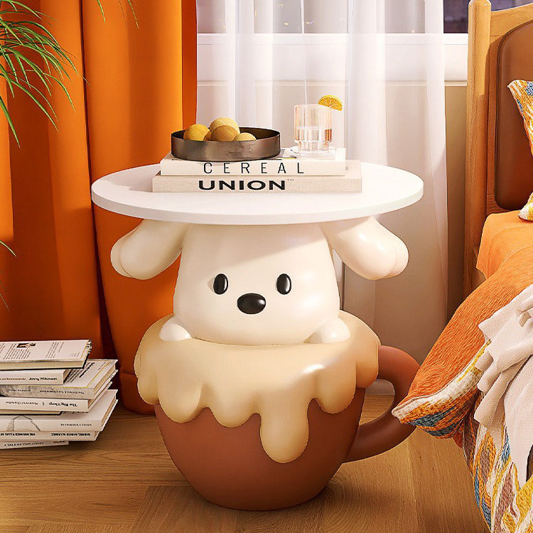 Contemporary Creative Kids Teacup Dog-Shaped Resin Solid Wood Side Table 1-Tray For Living Room