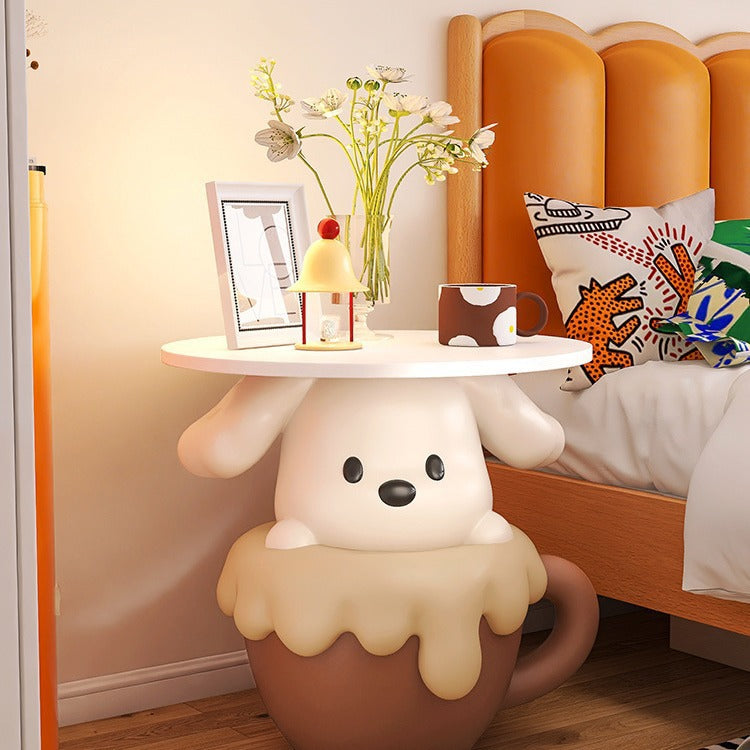 Contemporary Creative Kids Teacup Dog-Shaped Resin Solid Wood Side Table 1-Tray For Living Room