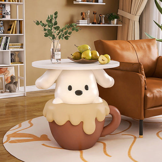 Contemporary Creative Kids Teacup Dog-Shaped Resin Solid Wood Side Table 1-Tray For Living Room