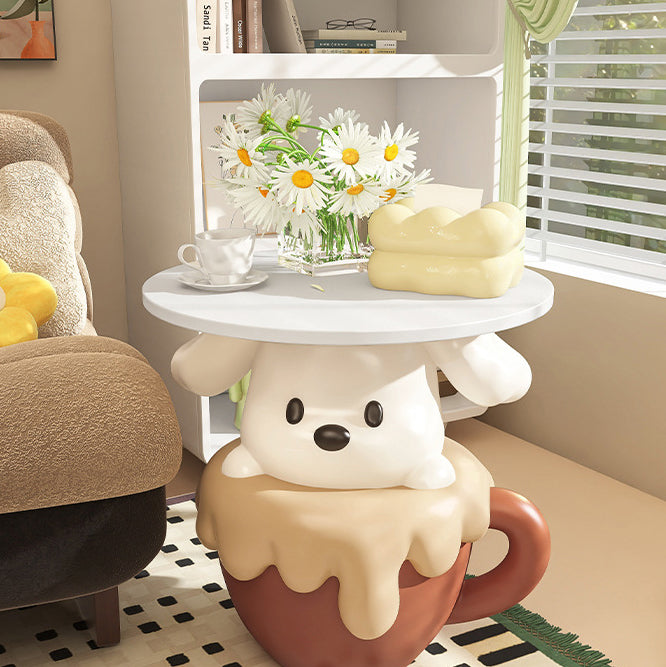 Contemporary Creative Kids Teacup Dog-Shaped Resin Solid Wood Side Table 1-Tray For Living Room