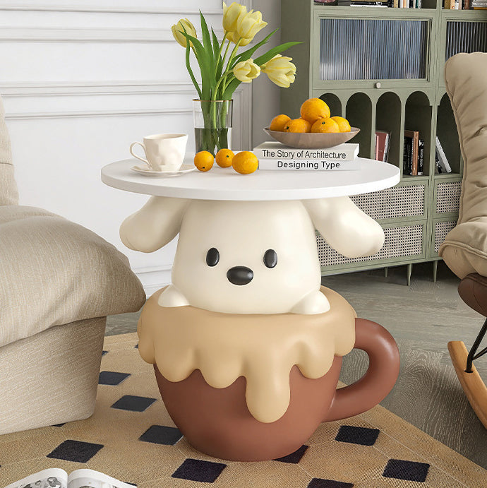 Contemporary Creative Kids Teacup Dog-Shaped Resin Solid Wood Side Table 1-Tray For Living Room