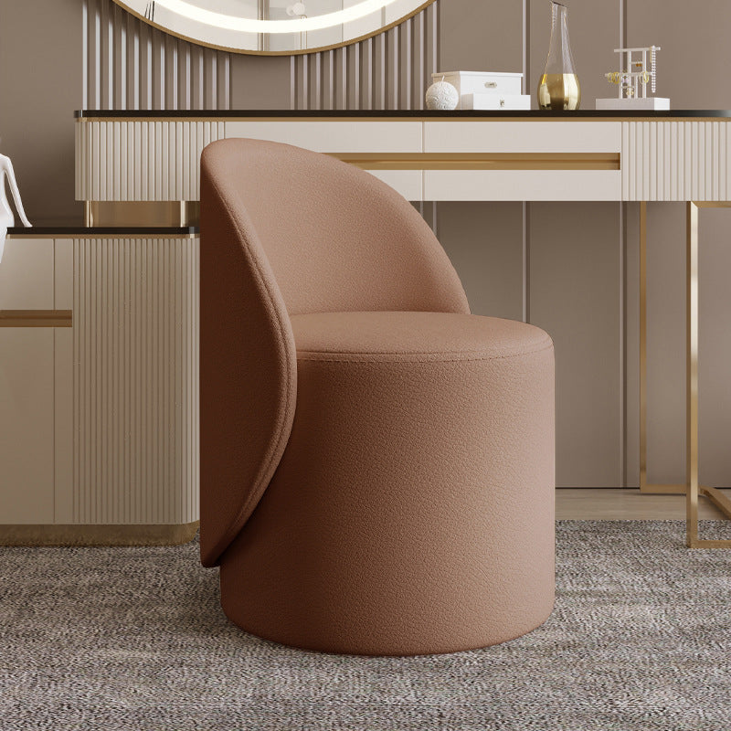 Contemporary Nordic Faux Leather & Rubberwood Cylindrical Vanity Stool With Backrest & Swivel Function For Bedroom
