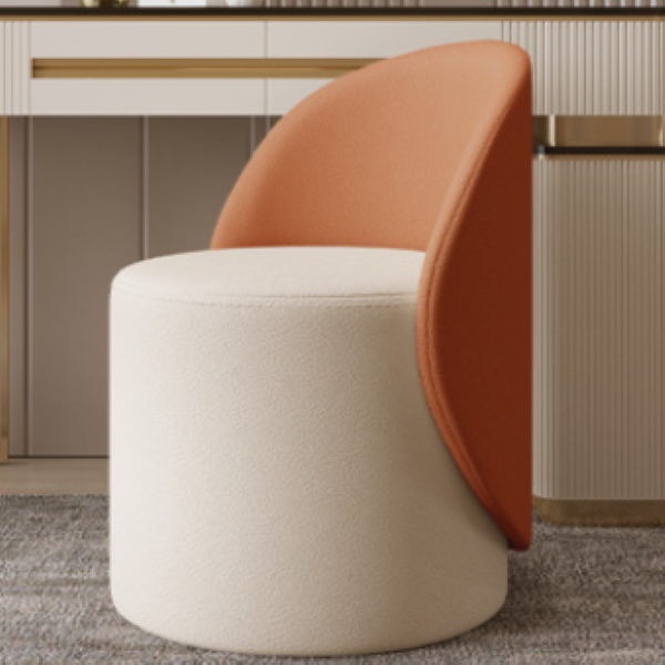 Contemporary Nordic Faux Leather & Rubberwood Cylindrical Vanity Stool With Backrest & Swivel Function For Bedroom